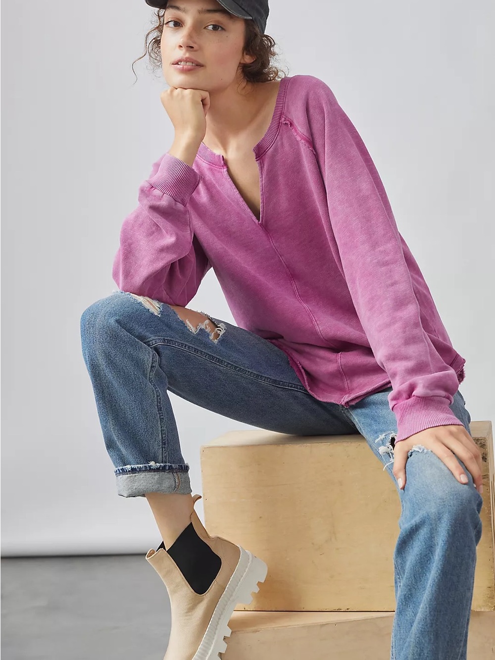 Anthropologie Pilcro Notch Neck Sweatshirt Size Small Relaxed Fit Rasberry